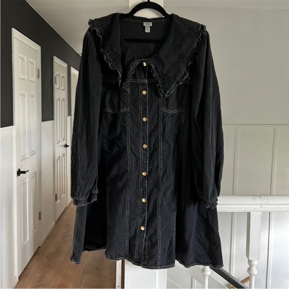 River island collared denim long sleeve dress button down black size 14